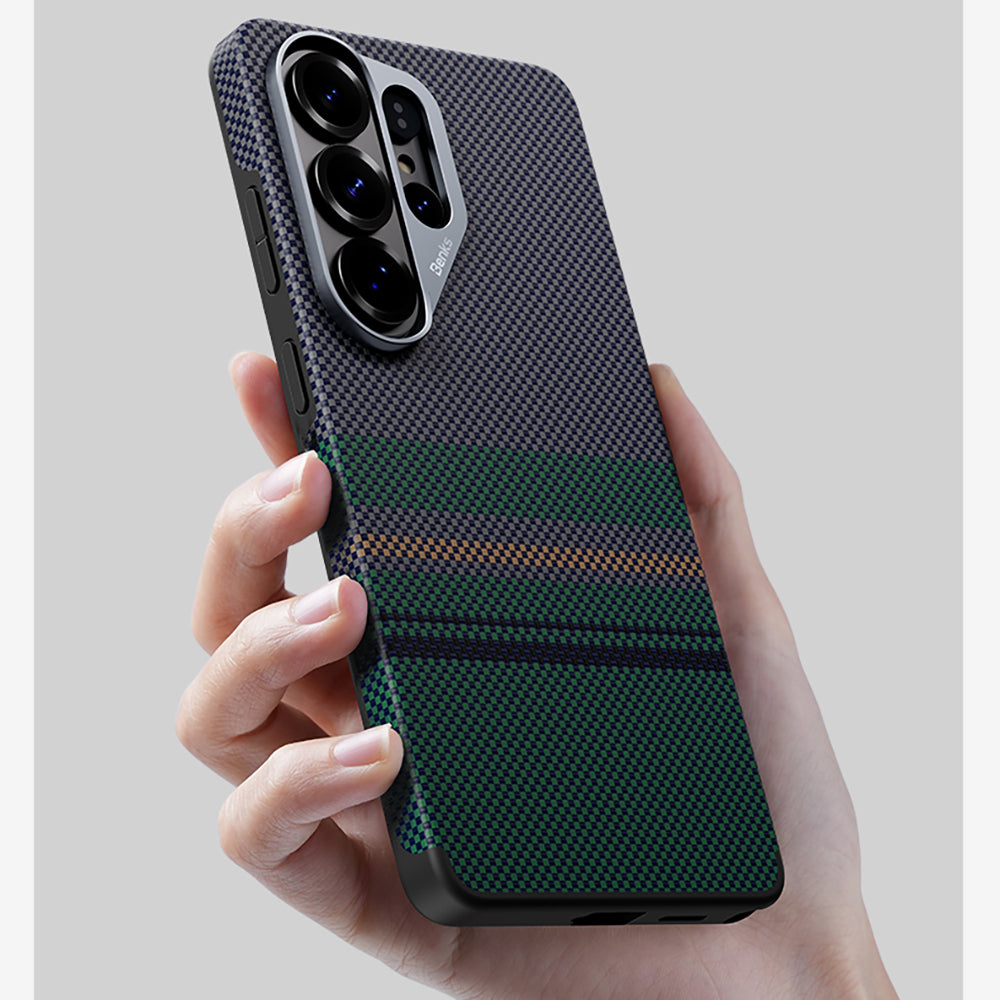Galaxy S26 Ultra Kılıf M-safe Şarj Özellikli Karbon Fiber Tasarımlı Benks Aurora ArmorPro Kevlar Kapak Yeşil