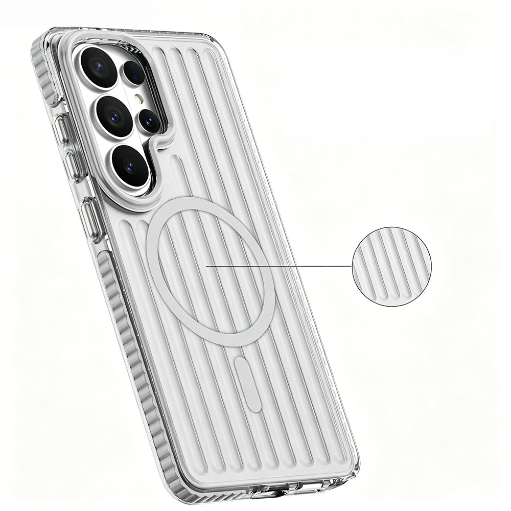 Galaxy S26 Ultra Kılıf M-safe Şarj Özellikli Oyuklu Tasarım Mutural Luggage Serisi Kapak Gümüş