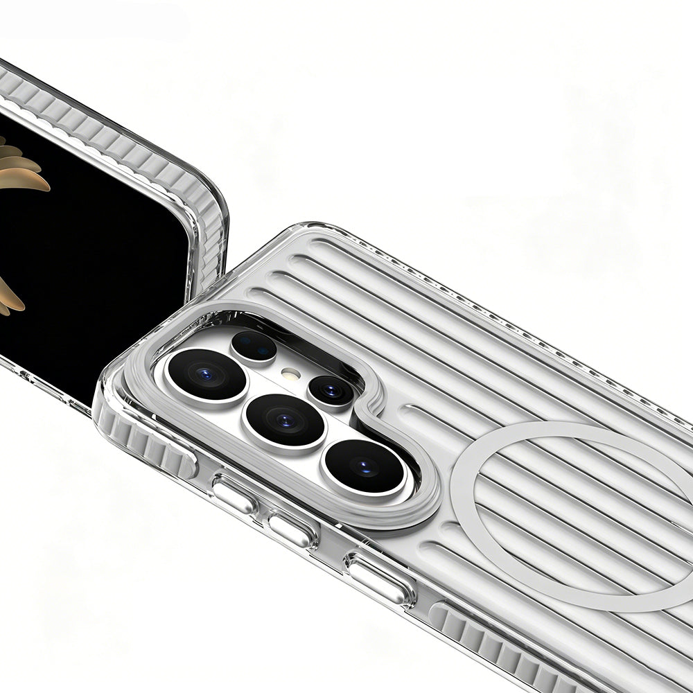 Galaxy S26 Ultra Kılıf M-safe Şarj Özellikli Oyuklu Tasarım Mutural Luggage Serisi Kapak Gümüş