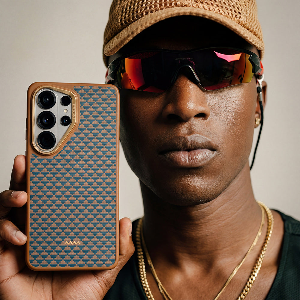 Galaxy S26 Ultra Kılıf M-safe Şarj Özellikli Raptic Aramid Skin Dual Serisi Kapak Gold-Mavi