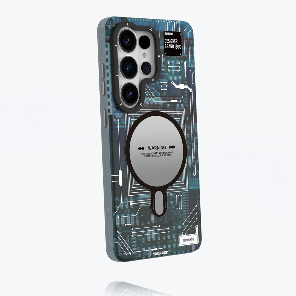 Galaxy S26 Ultra Kılıf M-safe Şarj Özellikli Youngkit 360 Derece Standlı Technology Serisi Kapak Mavi