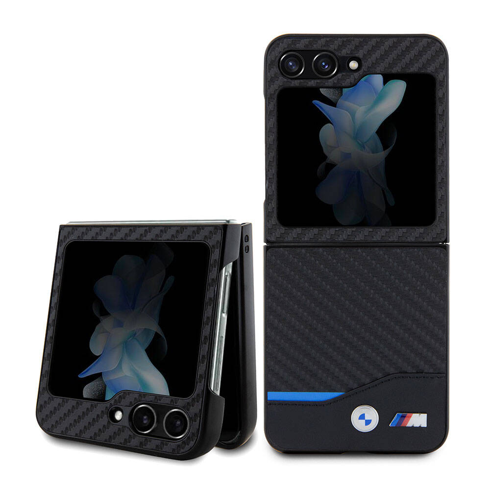 Galaxy Z Flip 5 Kılıf BMW Orjinal Lisanslı M Logolu PU Karbon Kılıf Siyah