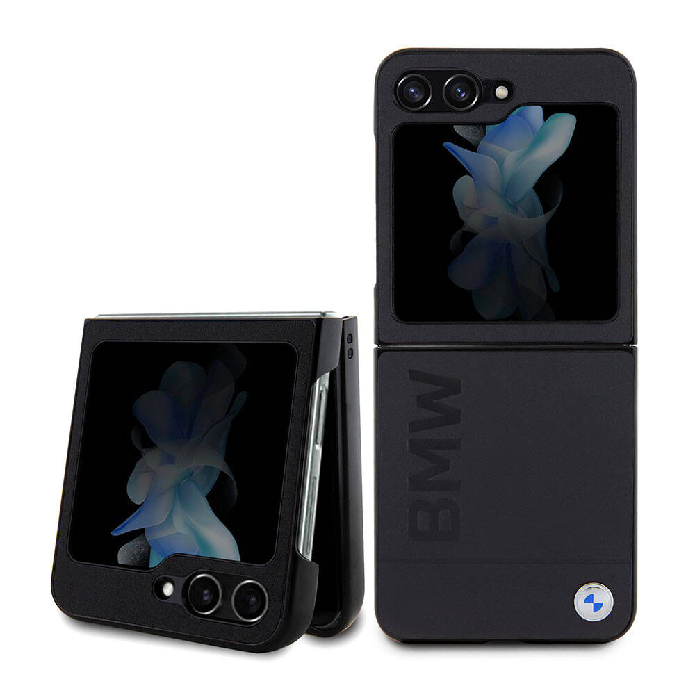 Galaxy Z Flip 5 Kılıf BMW Orjinal Lisanslı Sıcak Damga Logolu Deri Kılıf Siyah