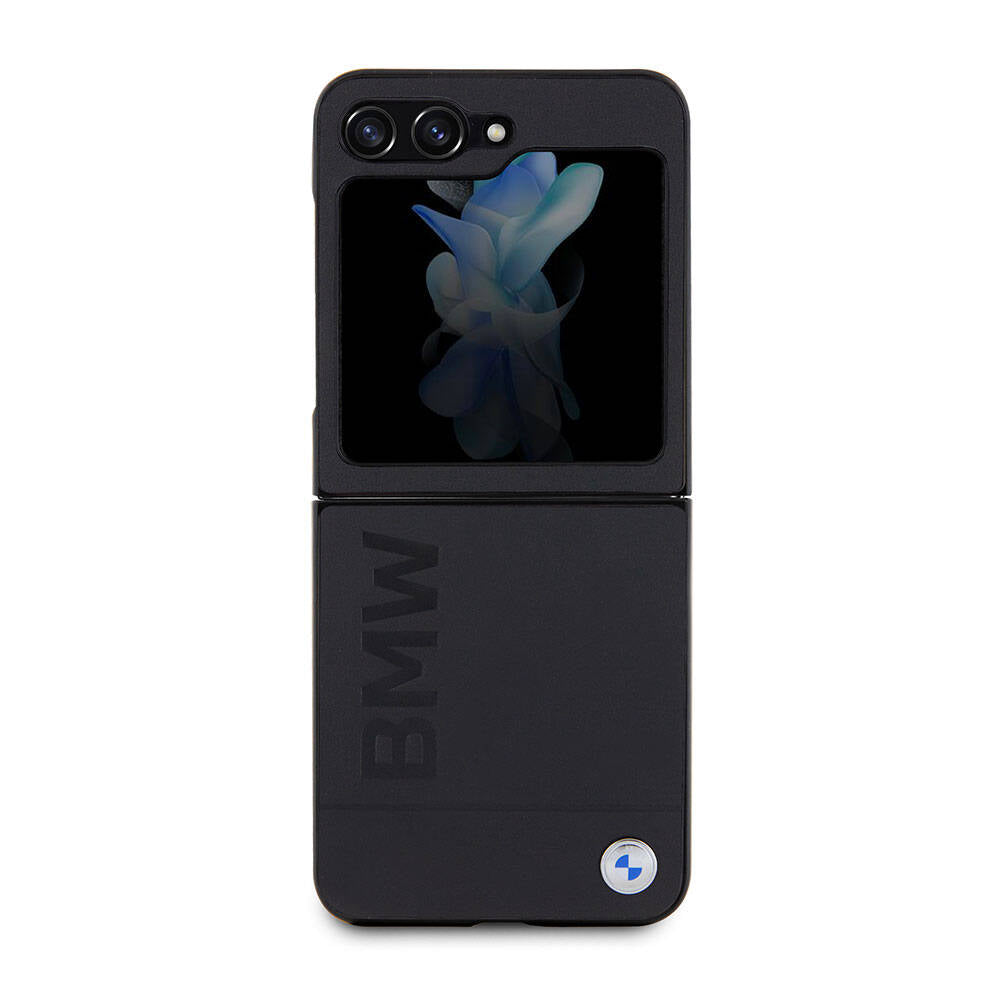Galaxy Z Flip 5 Kılıf BMW Orjinal Lisanslı Sıcak Damga Logolu Deri Kılıf Siyah
