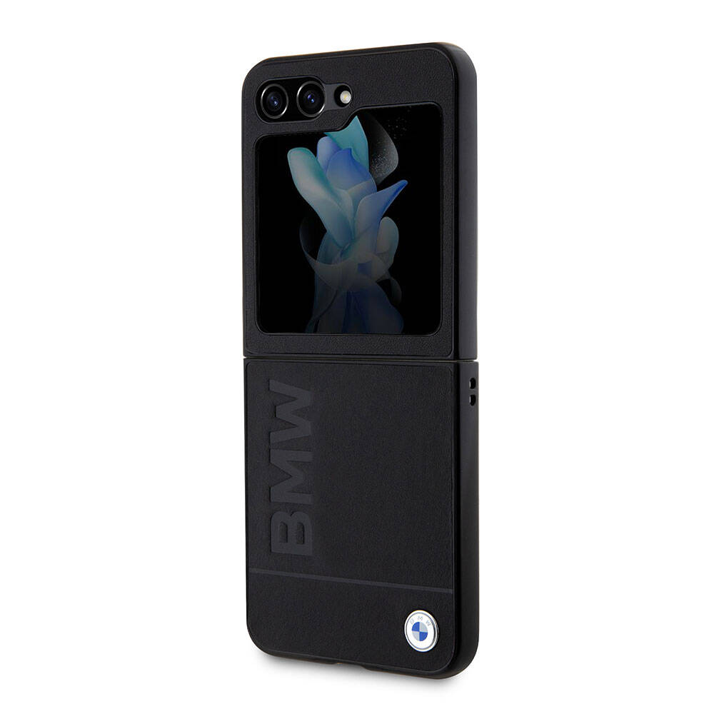 Galaxy Z Flip 5 Kılıf BMW Orjinal Lisanslı Sıcak Damga Logolu Deri Kılıf Siyah