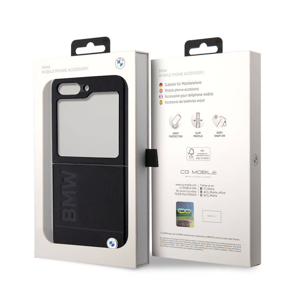 Galaxy Z Flip 5 Kılıf BMW Orjinal Lisanslı Sıcak Damga Logolu Deri Kılıf Siyah