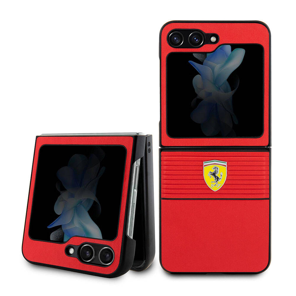 Galaxy Z Flip 5 Kılıf Ferrari Orjinal Lisanslı PU Deri Metal Logolu Multi Çizgili Kılıf Kırmızı