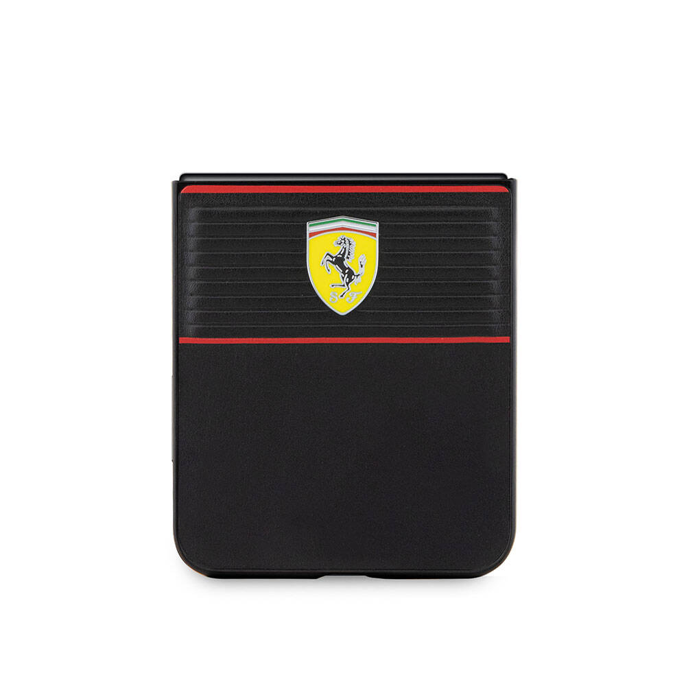 Galaxy Z Flip 5 Kılıf Ferrari Orjinal Lisanslı PU Deri Metal Logolu Multi Çizgili Kılıf Kırmızı
