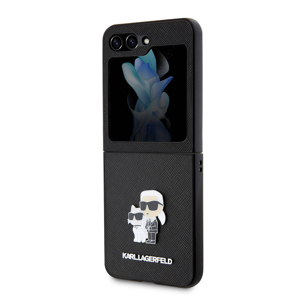 Galaxy Z Flip 5 Kılıf Karl Lagerfeld Orjinal Lisanslı K&C Metal Logolu Saffiano Kılıf Siyah
