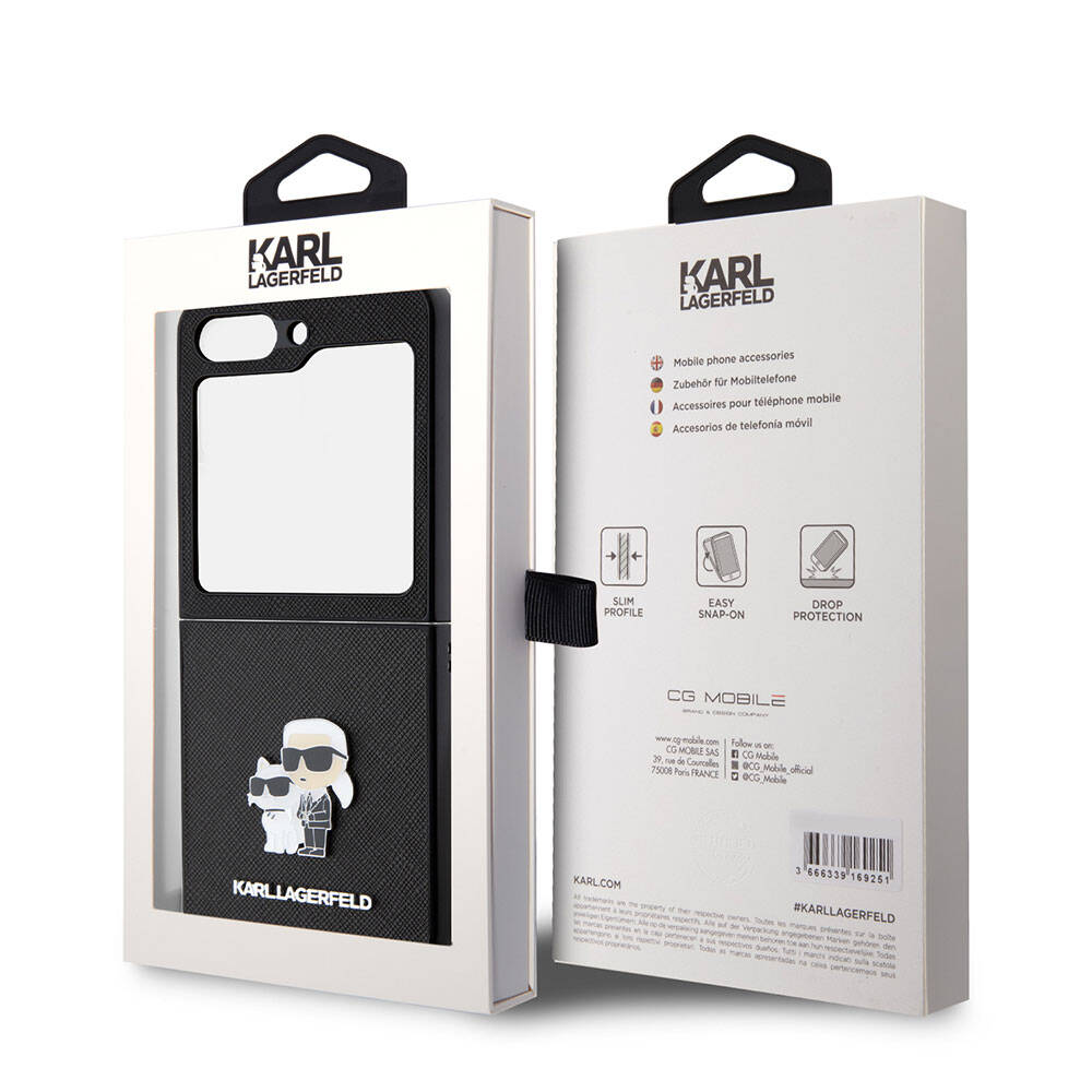 Galaxy Z Flip 5 Kılıf Karl Lagerfeld Orjinal Lisanslı K&C Metal Logolu Saffiano Kılıf Siyah