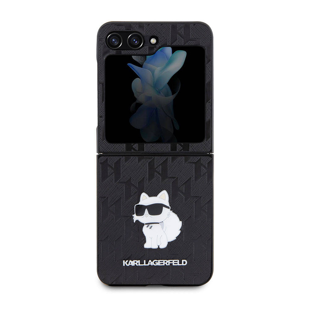 Galaxy Z Flip 5 Kılıf Karl Lagerfeld Orjinal Lisanslı KL Desenli Choupette İkonik Saffiano Kılıf Siyah
