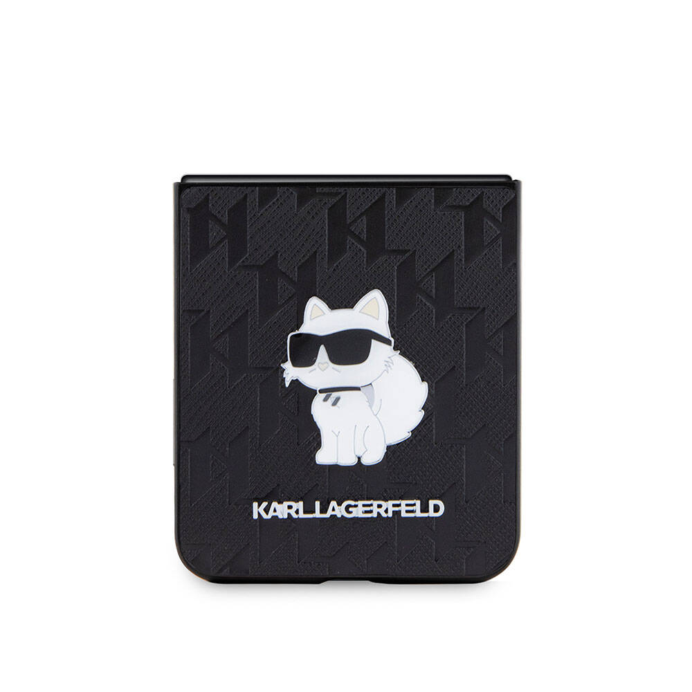 Galaxy Z Flip 5 Kılıf Karl Lagerfeld Orjinal Lisanslı KL Desenli Choupette İkonik Saffiano Kılıf Siyah