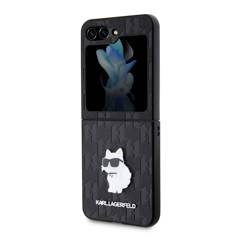 Galaxy Z Flip 5 Kılıf Karl Lagerfeld Orjinal Lisanslı KL Desenli Choupette İkonik Saffiano Kılıf Siyah