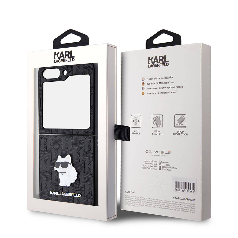 Galaxy Z Flip 5 Kılıf Karl Lagerfeld Orjinal Lisanslı KL Desenli Choupette İkonik Saffiano Kılıf Siyah