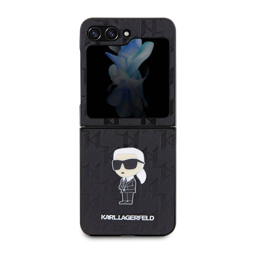 Galaxy Z Flip 5 Kılıf Karl Lagerfeld Orjinal Lisanslı KL Desenli Karl İkonik Saffiano Kılıf Siyah