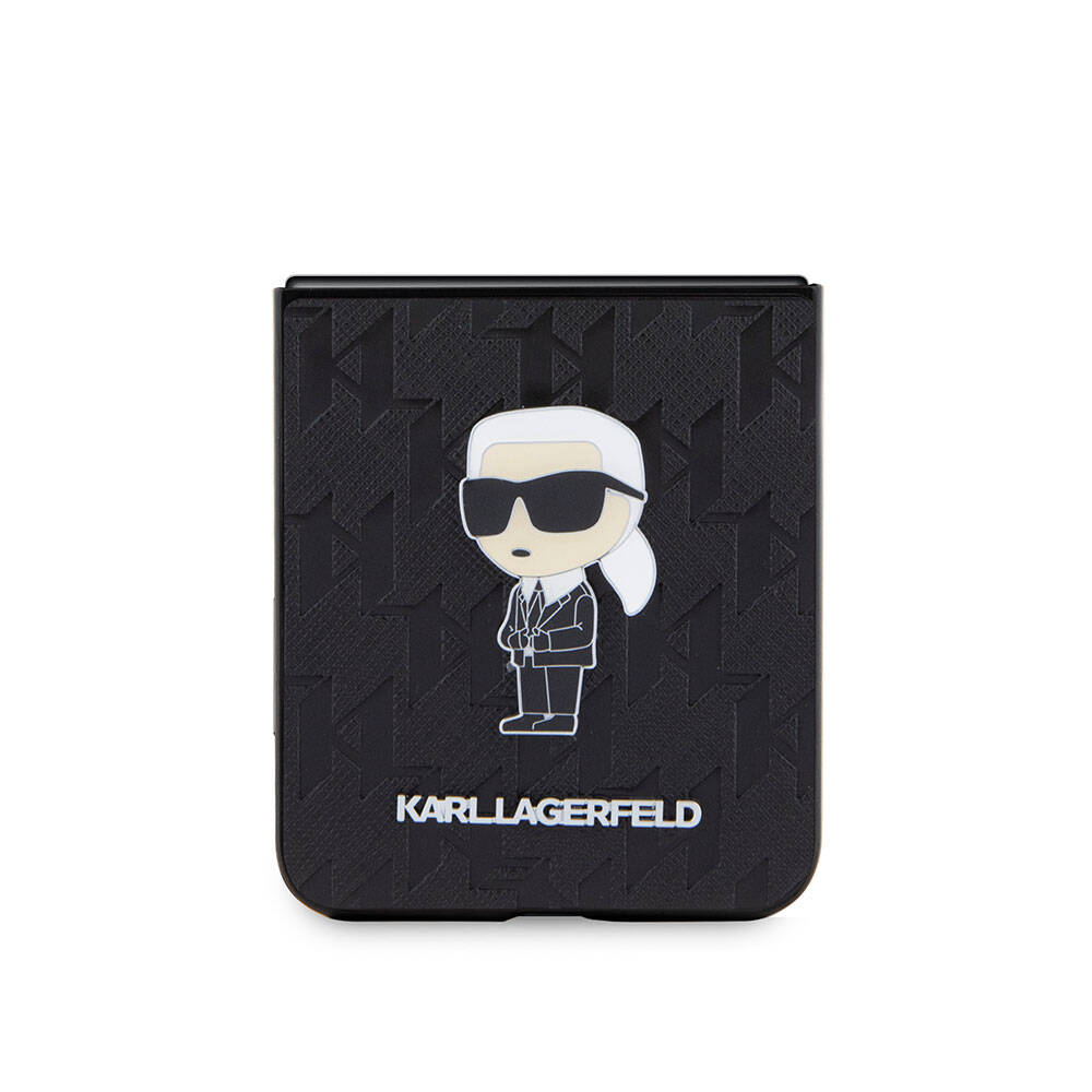 Galaxy Z Flip 5 Kılıf Karl Lagerfeld Orjinal Lisanslı KL Desenli Karl İkonik Saffiano Kılıf Siyah