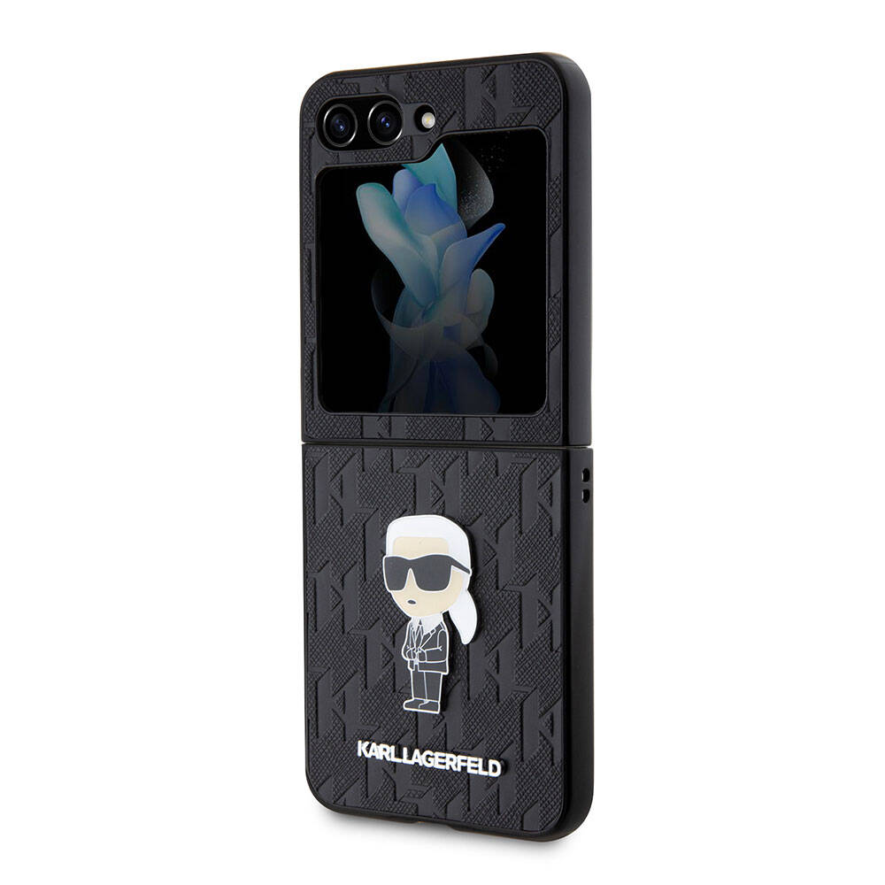 Galaxy Z Flip 5 Kılıf Karl Lagerfeld Orjinal Lisanslı KL Desenli Karl İkonik Saffiano Kılıf Siyah
