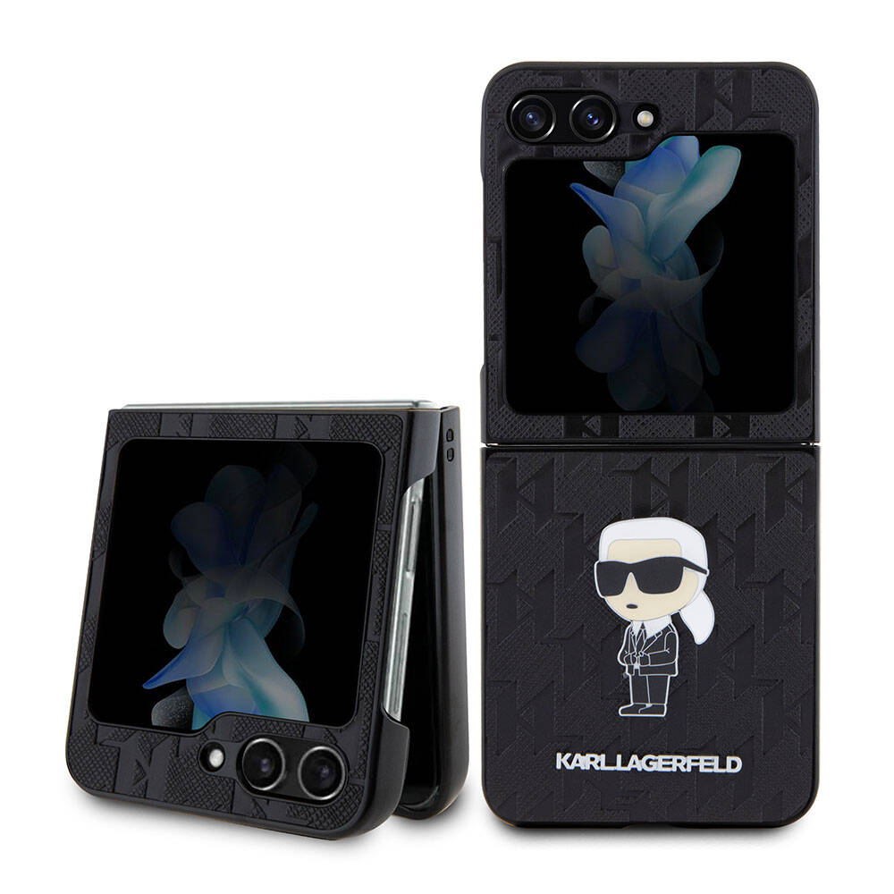 Galaxy Z Flip 5 Kılıf Karl Lagerfeld Orjinal Lisanslı KL Desenli Karl İkonik Saffiano Kılıf Siyah