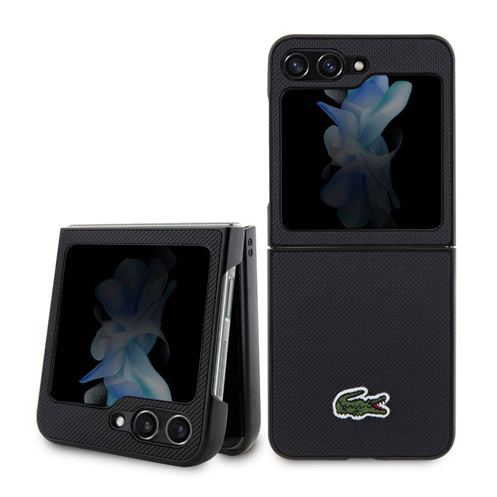 Galaxy Z Flip 5 Kılıf Lacoste Orjinal Lisanslı PU Pike Desenli Arka Yüzey İkonik Timsah Dokuma Logolu Kılıf Lacivert