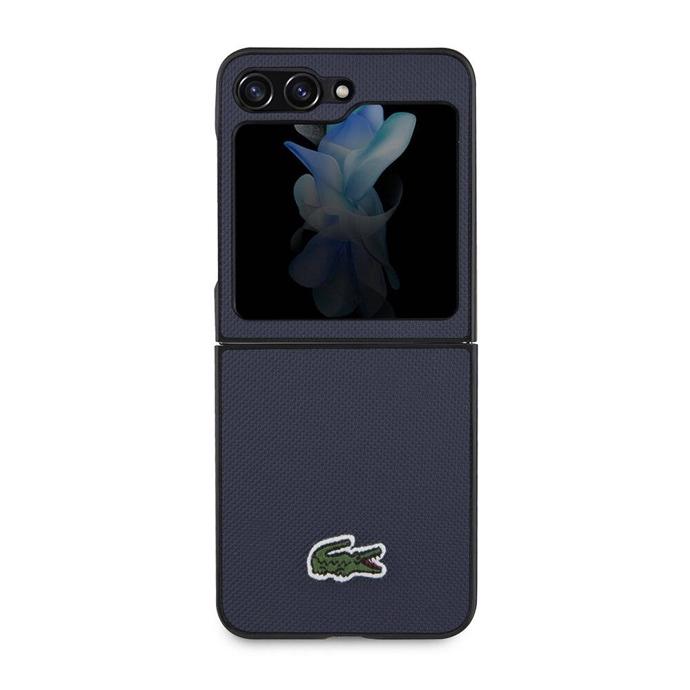 Galaxy Z Flip 5 Kılıf Lacoste Orjinal Lisanslı PU Pike Desenli Arka Yüzey İkonik Timsah Dokuma Logolu Kılıf Lacivert