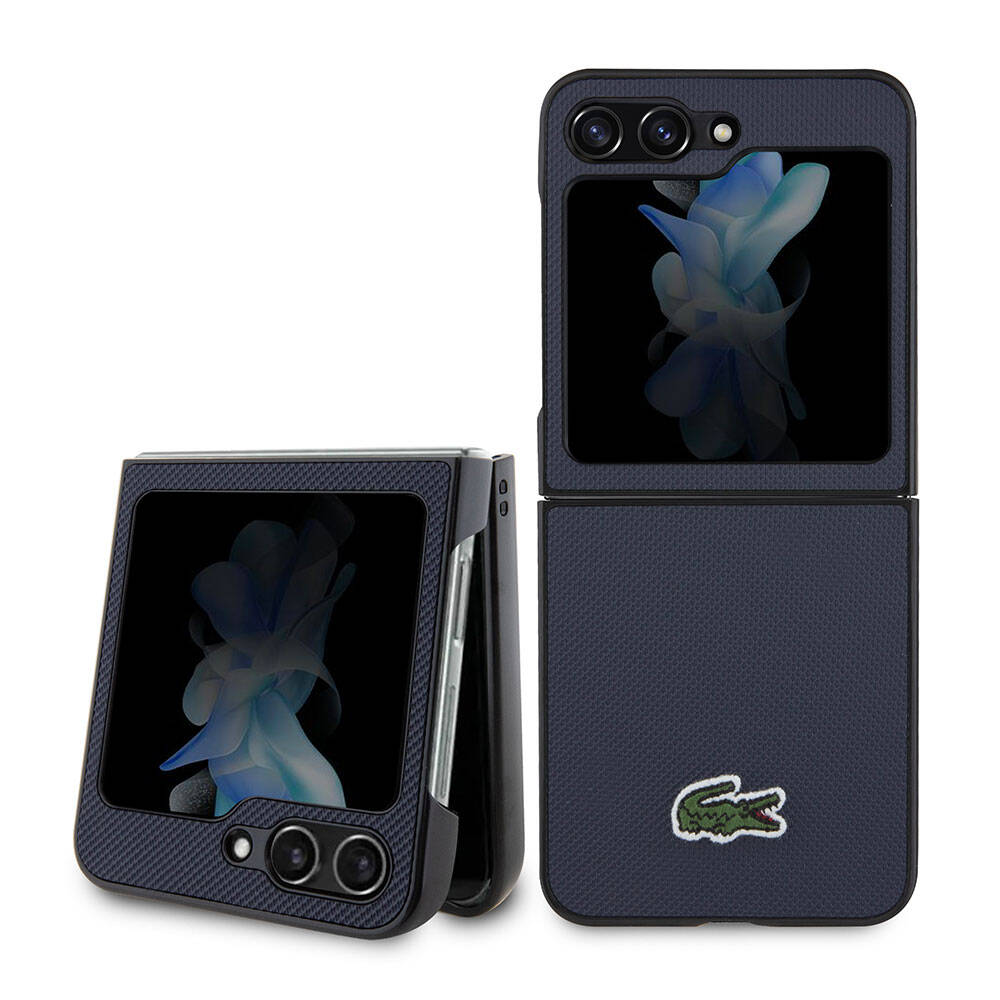 Galaxy Z Flip 5 Kılıf Lacoste Orjinal Lisanslı PU Pike Desenli Arka Yüzey İkonik Timsah Dokuma Logolu Kılıf Lacivert