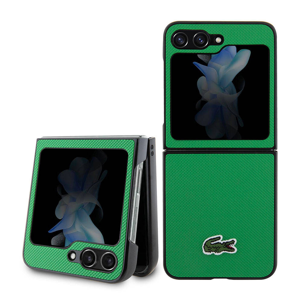 Galaxy Z Flip 5 Kılıf Lacoste Orjinal Lisanslı PU Pike Desenli Arka Yüzey İkonik Timsah Dokuma Logolu Kılıf Yeşil