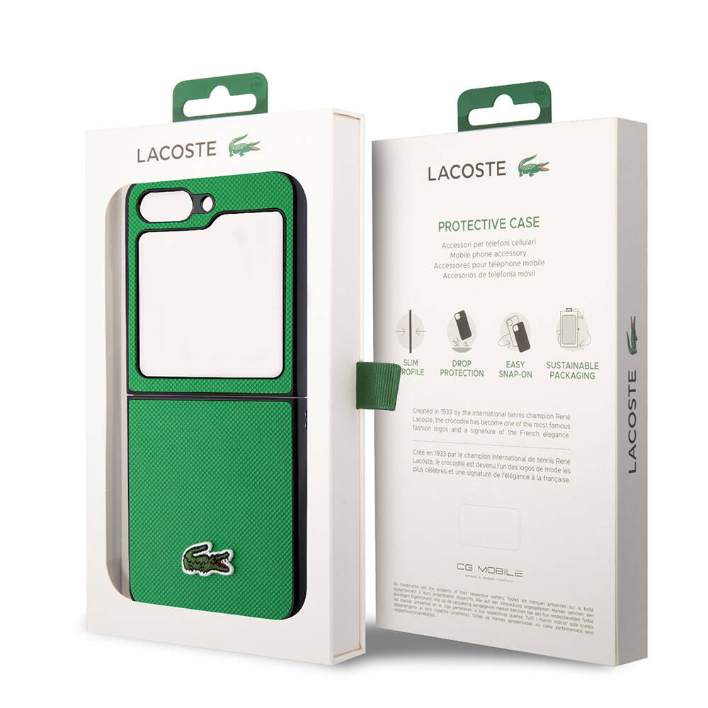Galaxy Z Flip 5 Kılıf Lacoste Orjinal Lisanslı PU Pike Desenli Arka Yüzey İkonik Timsah Dokuma Logolu Kılıf Yeşil