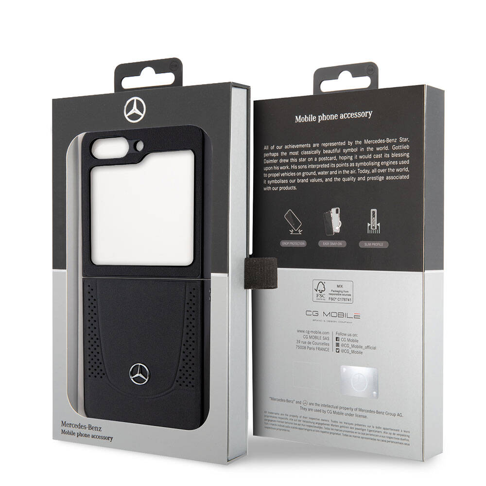 Galaxy Z Flip 5 Kılıf Mercedes Benz Orjinal Lisanslı Metal Yıldız Logolu Urban Deri Kılıf Siyah