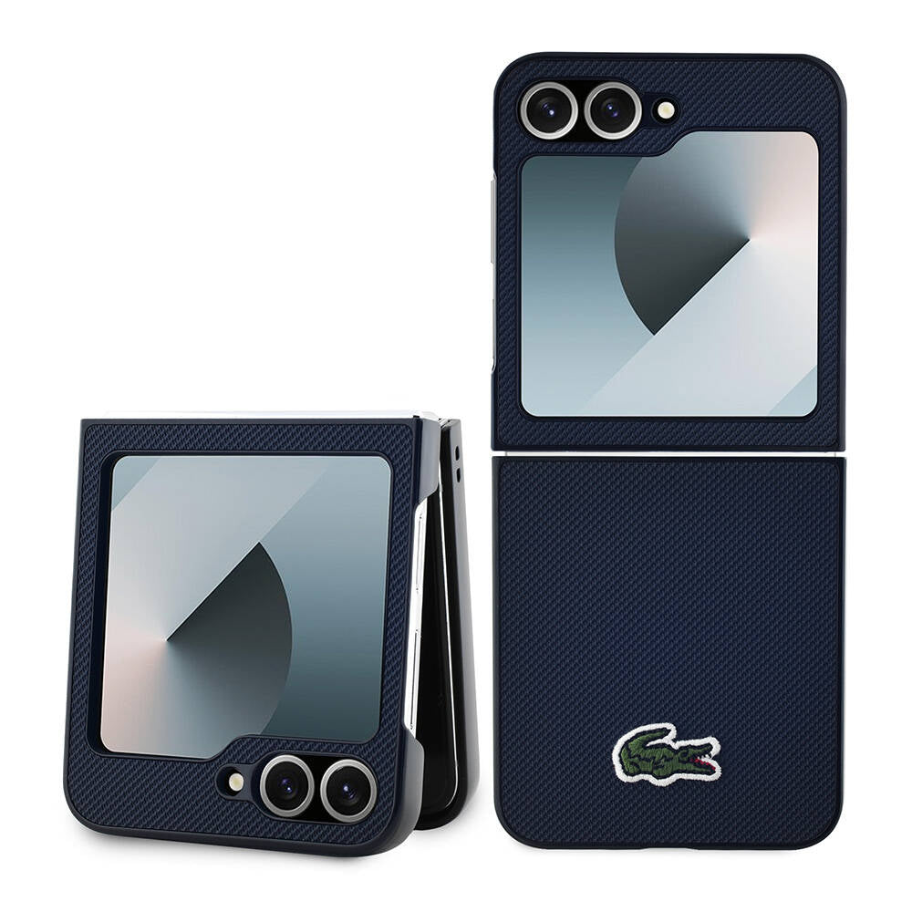Galaxy Z Flip 6 Kılıf Lacoste Orjinal Lisanslı Magsafe Şarj Özellikli Pike Desenli Arka Yüzey İkonik Timsah Dokuma Logolu Kılıf Lacivert