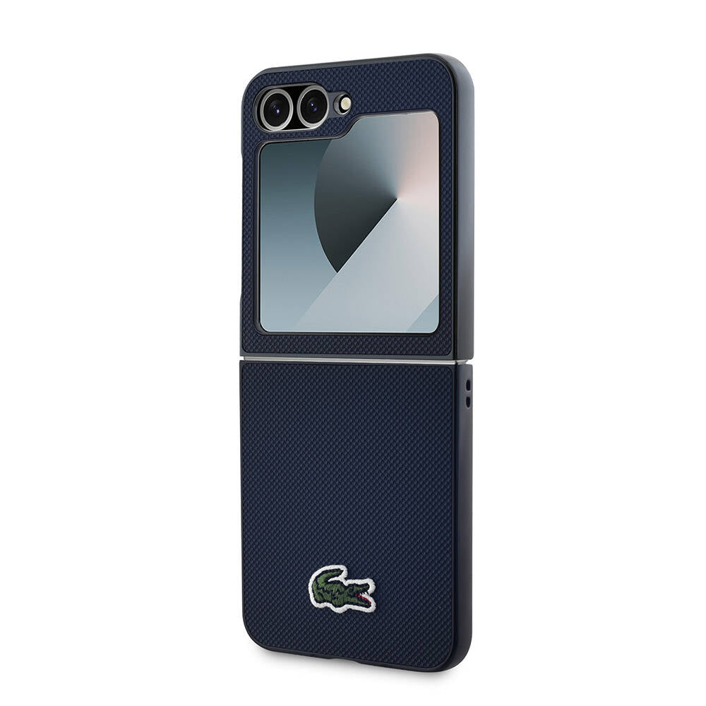 Galaxy Z Flip 6 Kılıf Lacoste Orjinal Lisanslı Magsafe Şarj Özellikli Pike Desenli Arka Yüzey İkonik Timsah Dokuma Logolu Kılıf Lacivert