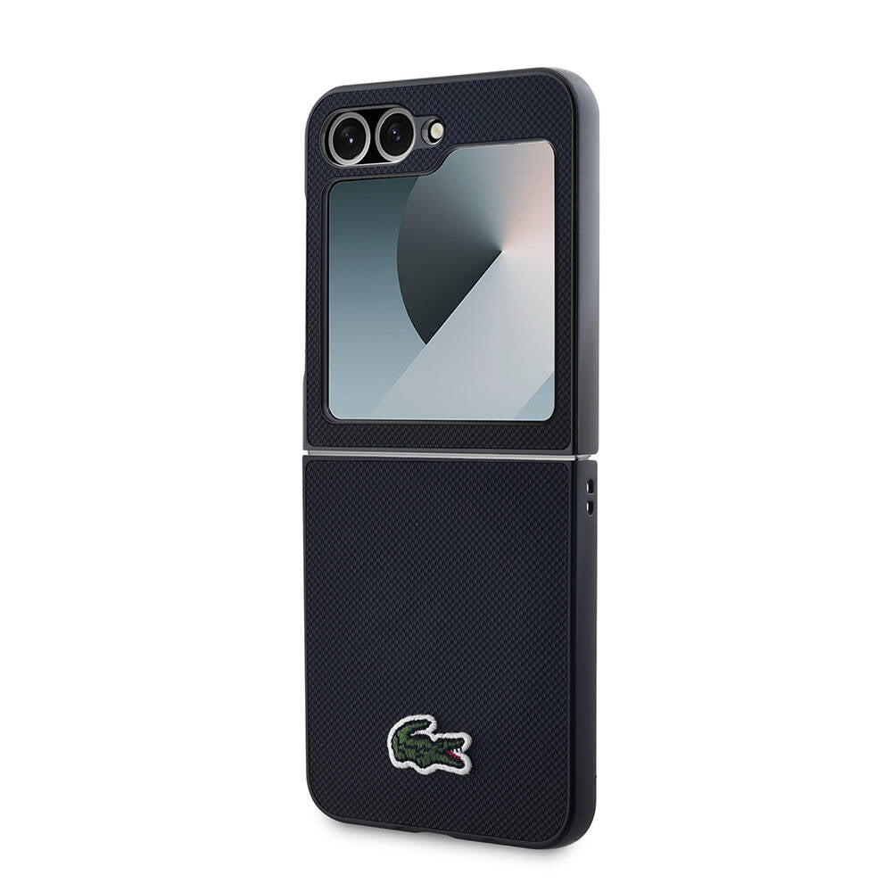 Galaxy Z Flip 6 Kılıf Lacoste Orjinal Lisanslı Magsafe Şarj Özellikli Pike Desenli Arka Yüzey İkonik Timsah Dokuma Logolu Kılıf Lacivert