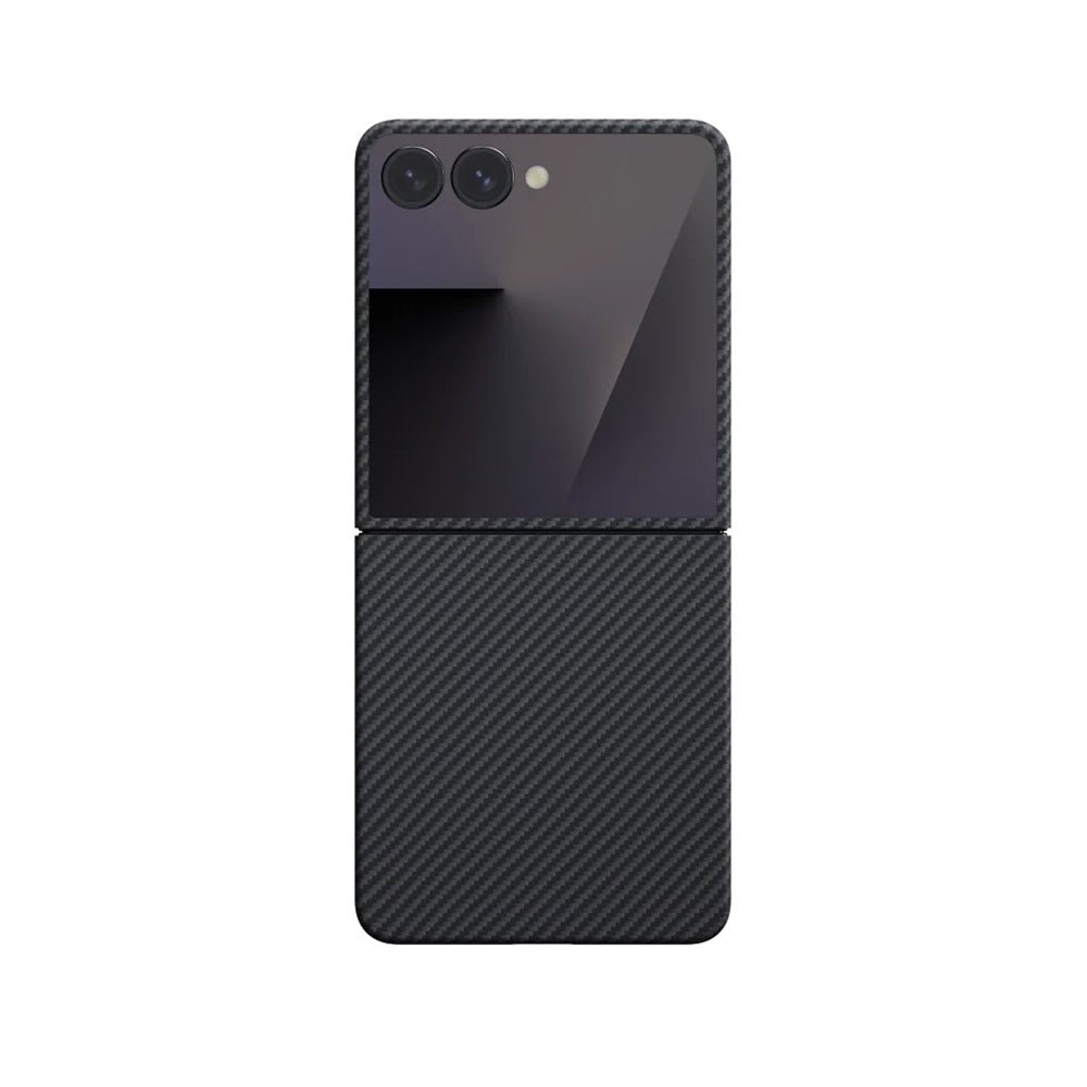 Galaxy Z Flip 7 Kılıf M-safe Şarj Özellikli 600D Aramid Fiber Pitaka Ultra-Slim Classic Serisi Black-Grey Twill Kapak Siyah-Gri