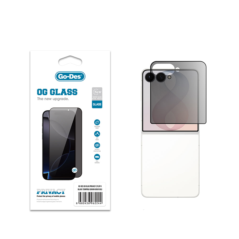 Galaxy Z Flip 8 Go Des OG Glass Privacy Antistatik Temperli Cam Ekran Koruyucu Siyah