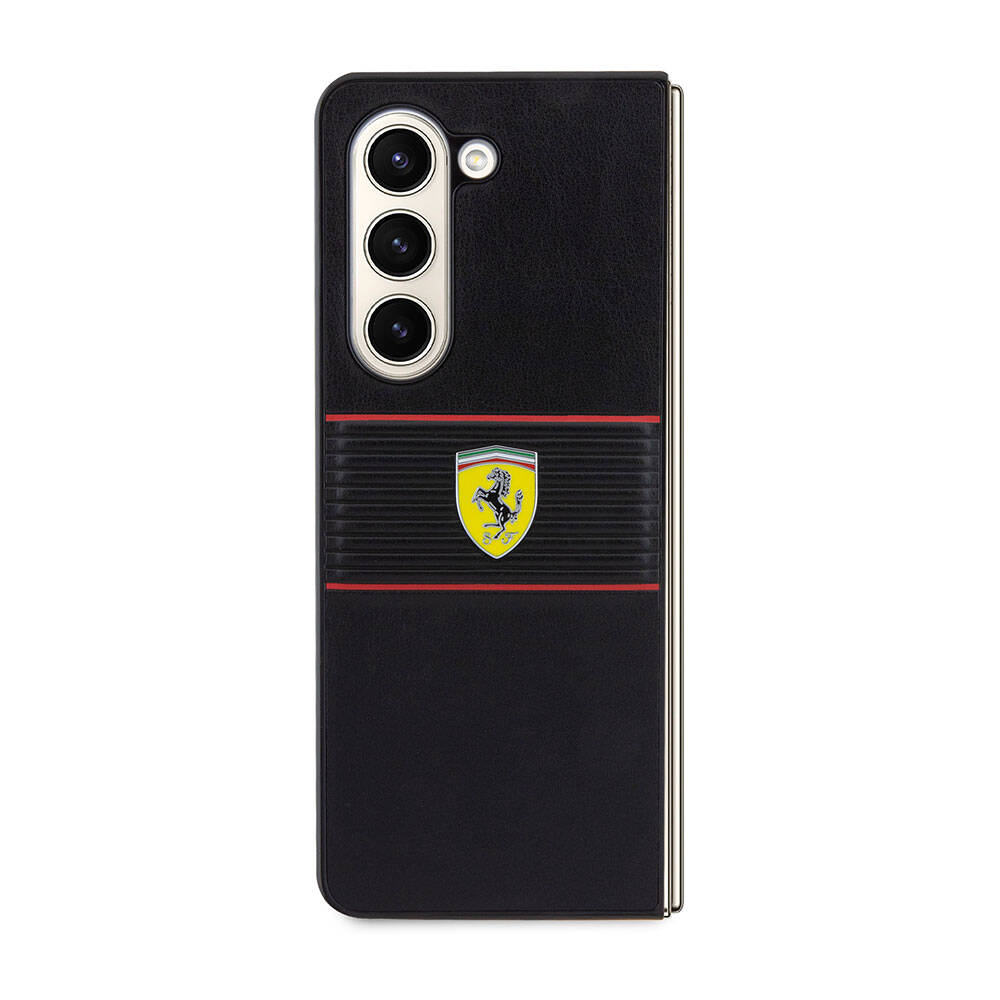 Galaxy Z Fold 5 Kılıf Ferrari Orjinal Lisanslı PU Deri Metal Logolu Multi Çizgili Kılıf Kırmızı