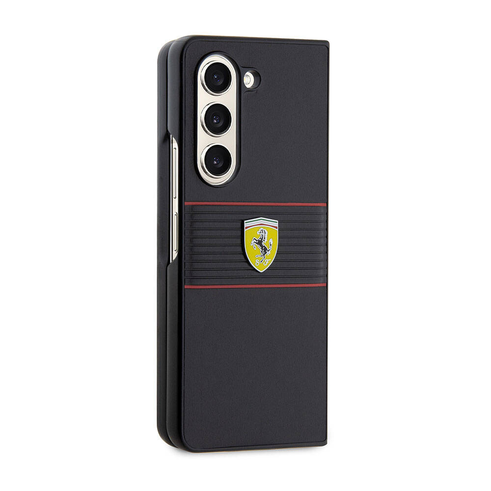 Galaxy Z Fold 5 Kılıf Ferrari Orjinal Lisanslı PU Deri Metal Logolu Multi Çizgili Kılıf Siyah