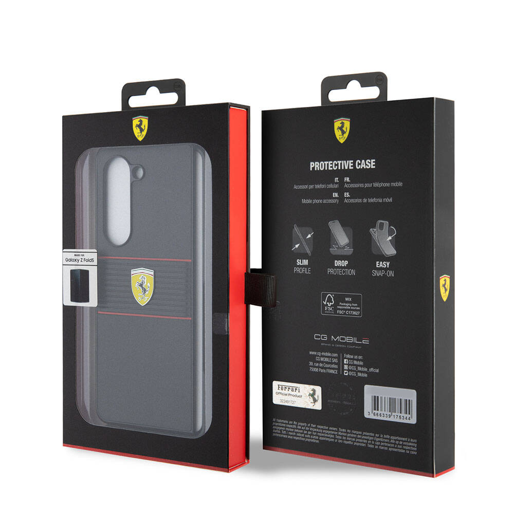 Galaxy Z Fold 5 Kılıf Ferrari Orjinal Lisanslı PU Deri Metal Logolu Multi Çizgili Kılıf Kırmızı