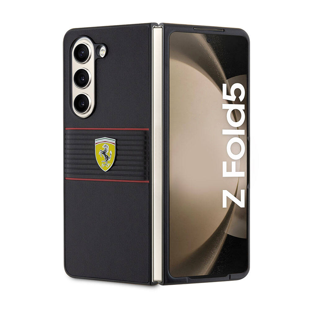 Galaxy Z Fold 5 Kılıf Ferrari Orjinal Lisanslı PU Deri Metal Logolu Multi Çizgili Kılıf Siyah