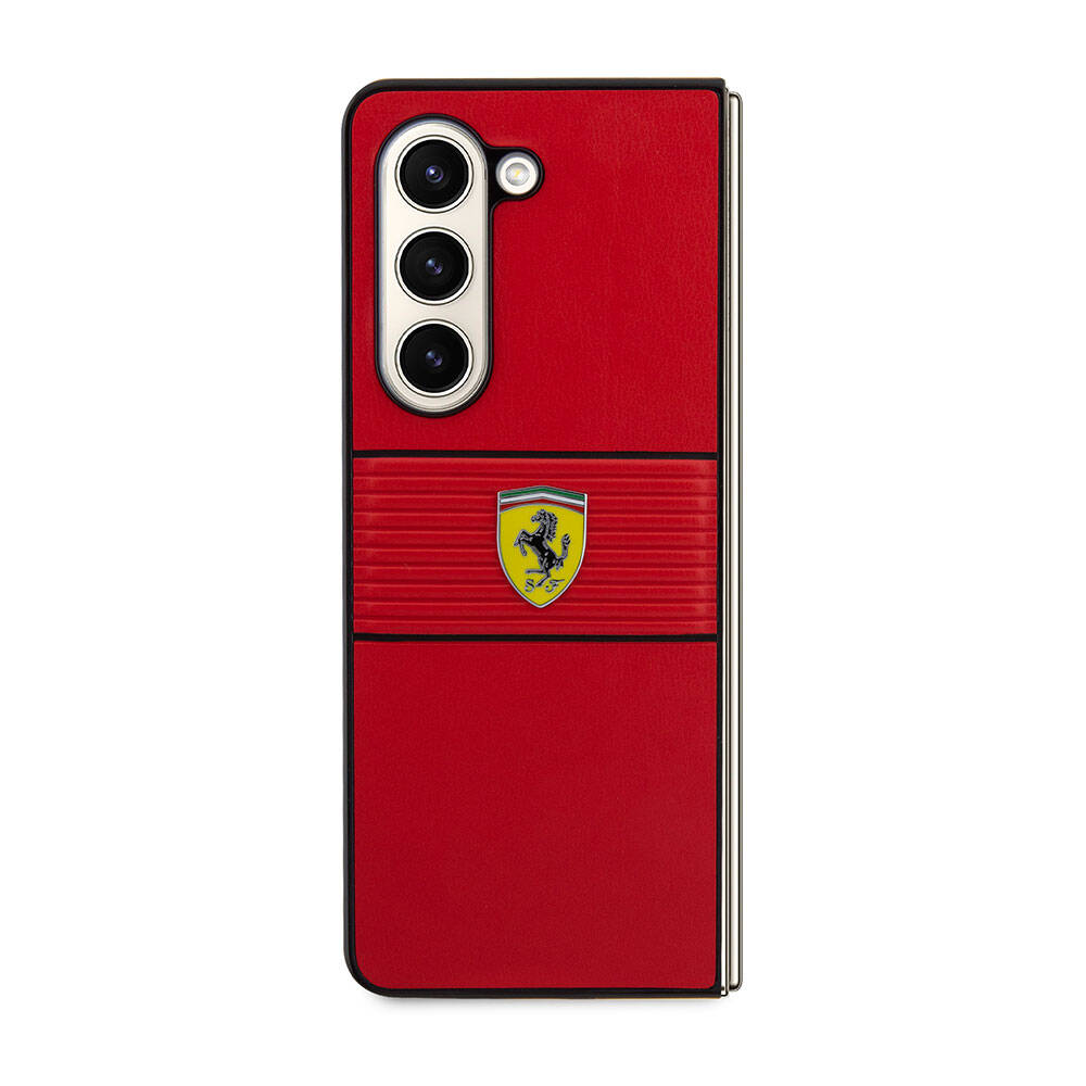 Galaxy Z Fold 5 Kılıf Ferrari Orjinal Lisanslı PU Deri Metal Logolu Multi Çizgili Kılıf Kırmızı
