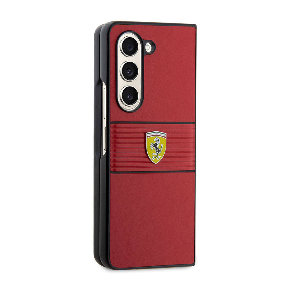 Galaxy Z Fold 5 Kılıf Ferrari Orjinal Lisanslı PU Deri Metal Logolu Multi Çizgili Kılıf Kırmızı