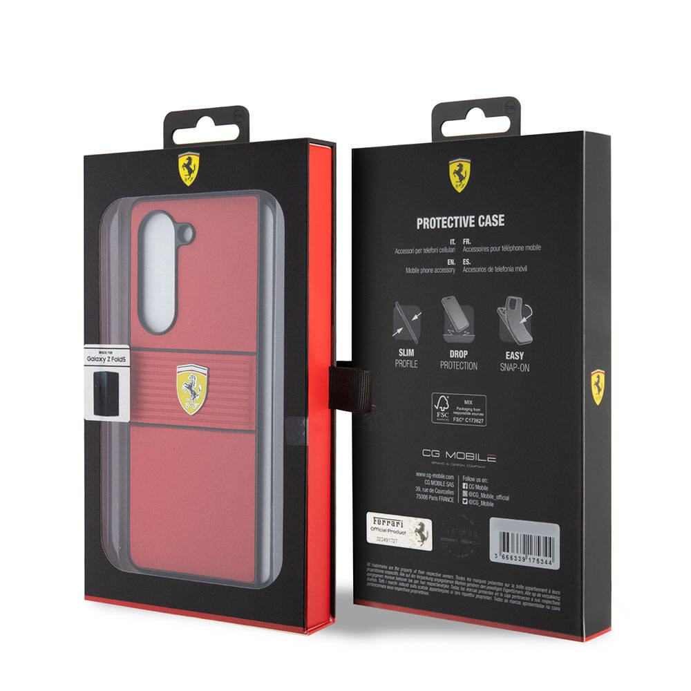 Galaxy Z Fold 5 Kılıf Ferrari Orjinal Lisanslı PU Deri Metal Logolu Multi Çizgili Kılıf Siyah