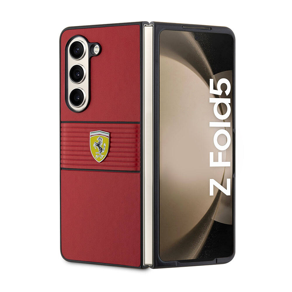 Galaxy Z Fold 5 Kılıf Ferrari Orjinal Lisanslı PU Deri Metal Logolu Multi Çizgili Kılıf Kırmızı