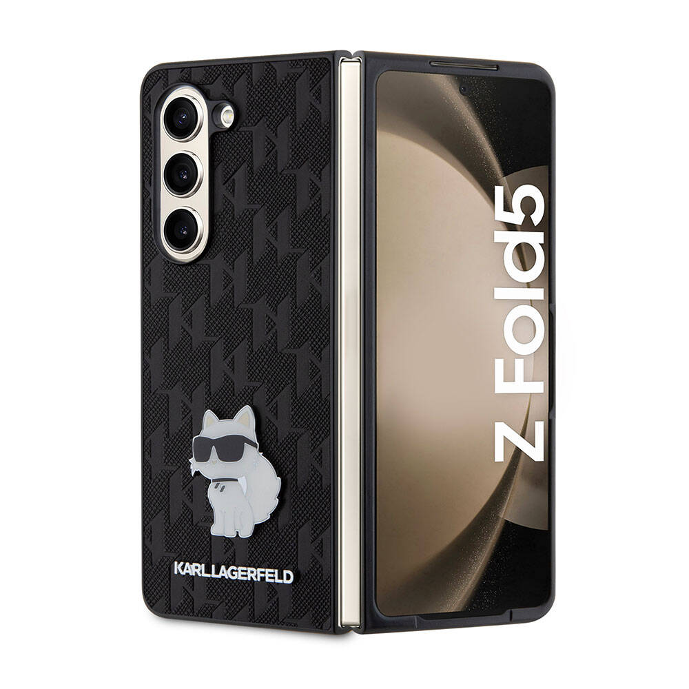 Galaxy Z Fold 5 Kılıf Karl Lagerfeld Orjinal Lisanslı KL Desenli Choupette İkonik Saffiano Kılıf Siyah