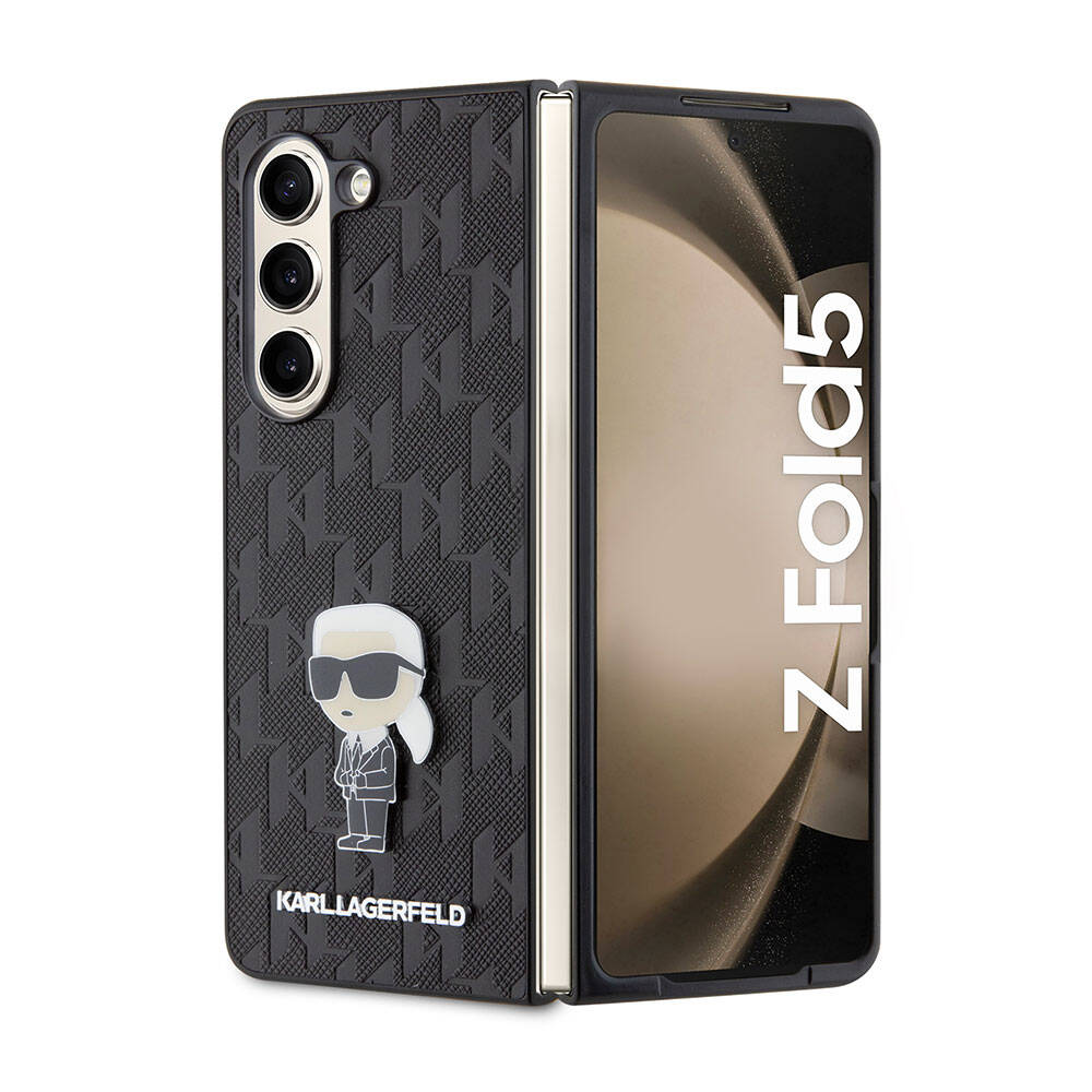 Galaxy Z Fold 5 Kılıf Karl Lagerfeld Orjinal Lisanslı KL Desenli Karl İkonik Saffiano Kılıf Siyah
