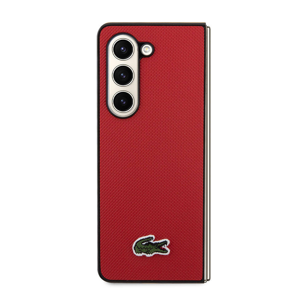 Galaxy Z Fold 5 Kılıf Lacoste Orjinal Lisanslı PU Pike Desenli Arka Yüzey İkonik Timsah Dokuma Logolu Kılıf Kırmızı