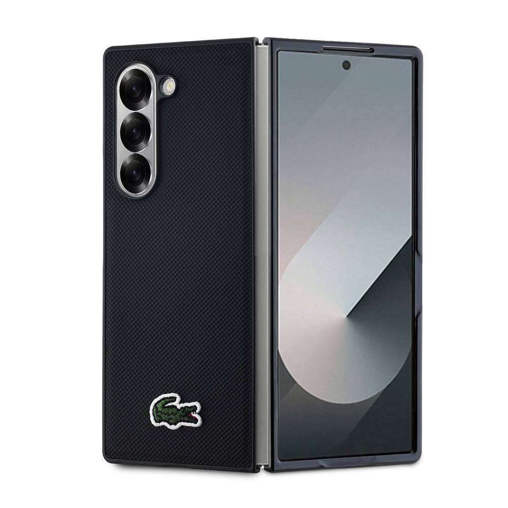Galaxy Z Fold 6 Kılıf Lacoste Orjinal Lisanslı PU Pike Desenli Arka Yüzey İkonik Timsah Dokuma Logolu Kılıf Siyah