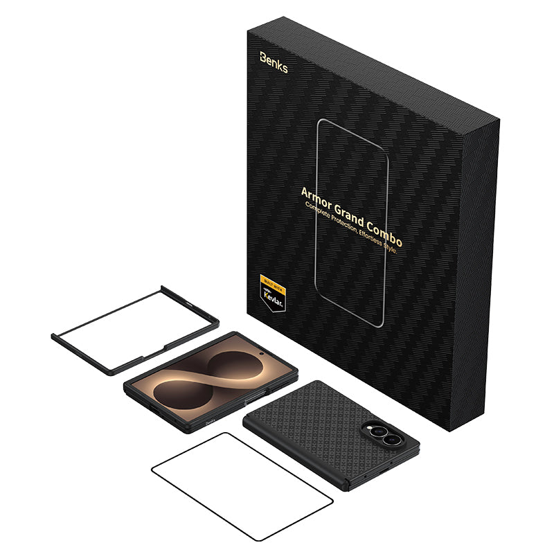 Galaxy Z Fold 8 Benks ArmorPro ArmorGrid Grand Combo Üçlü Aksesuar Seti (Ön Arka Kevlar Karbon Kapak + Ekran Koruyucu) Siyah