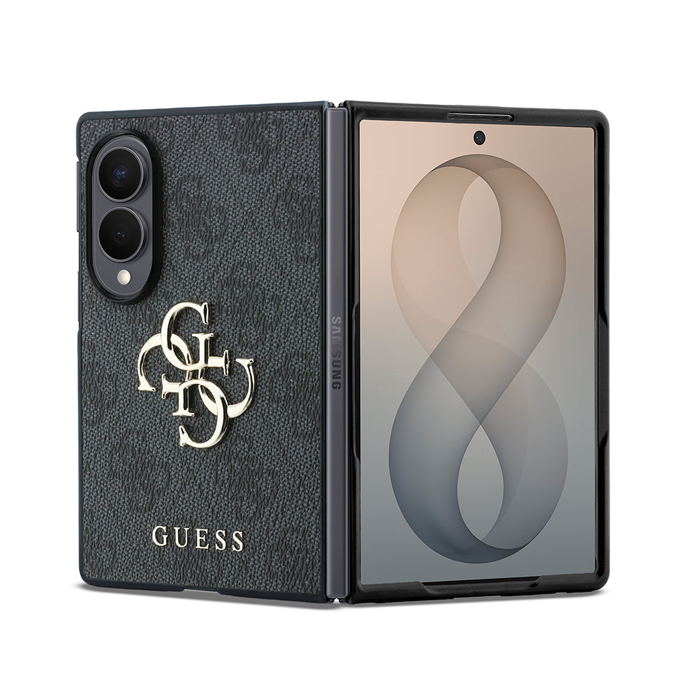 Galaxy Z Fold 8 Kılıf Guess Orjinal Lisanslı 4G Desenli Metal Büyük 4G ve Yazı Logolu Kapak Siyah