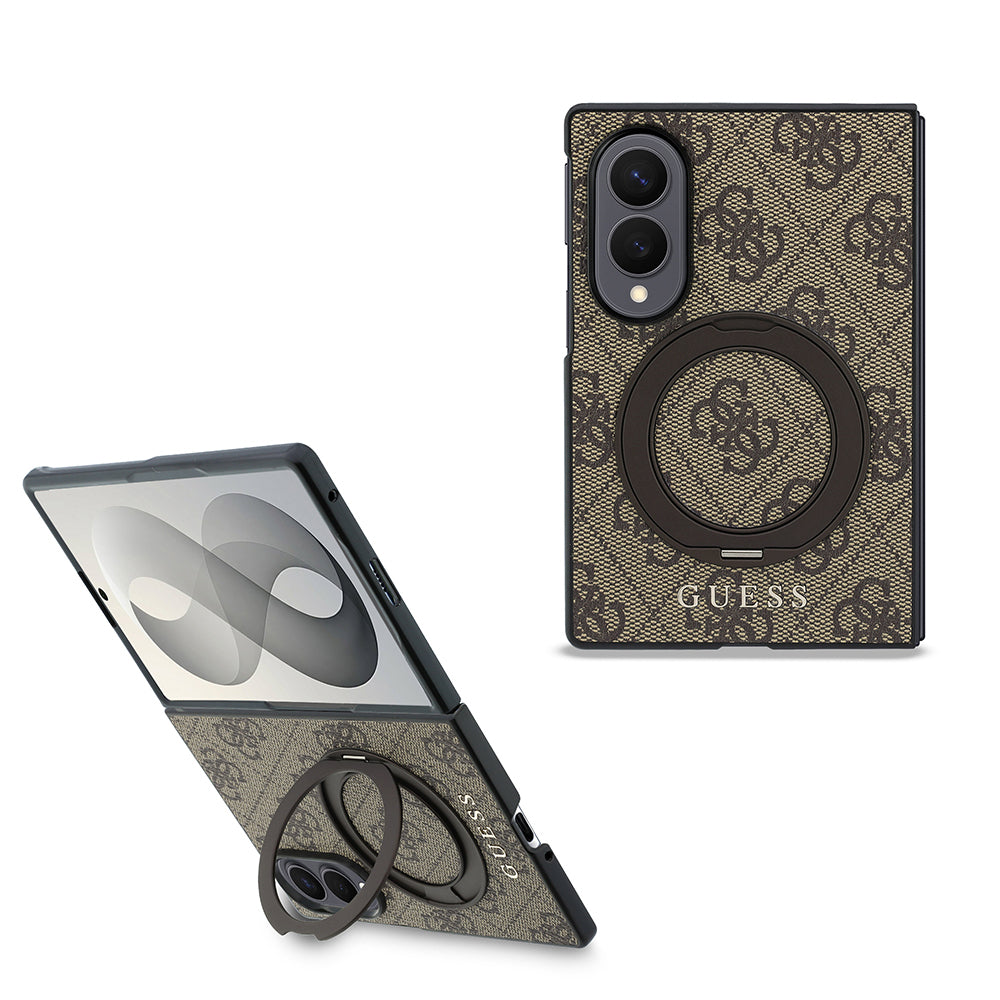 Galaxy Z Fold 8 Kılıf Guess Orjinal Lisanslı M-safe Şarj Özellikli 360 Derece Dönebilen Standlı PU Metal Logolu Kapak Kahverengi