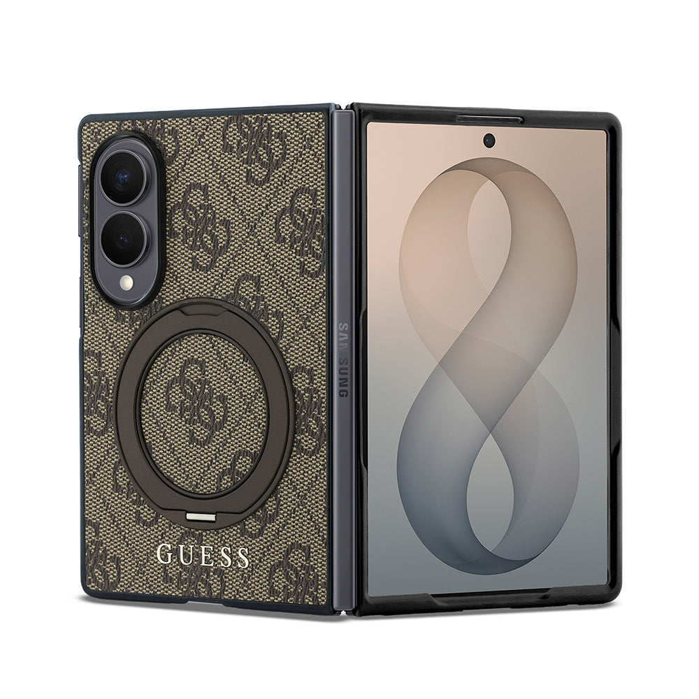 Galaxy Z Fold 8 Kılıf Guess Orjinal Lisanslı M-safe Şarj Özellikli 360 Derece Dönebilen Standlı PU Metal Logolu Kapak Kahverengi