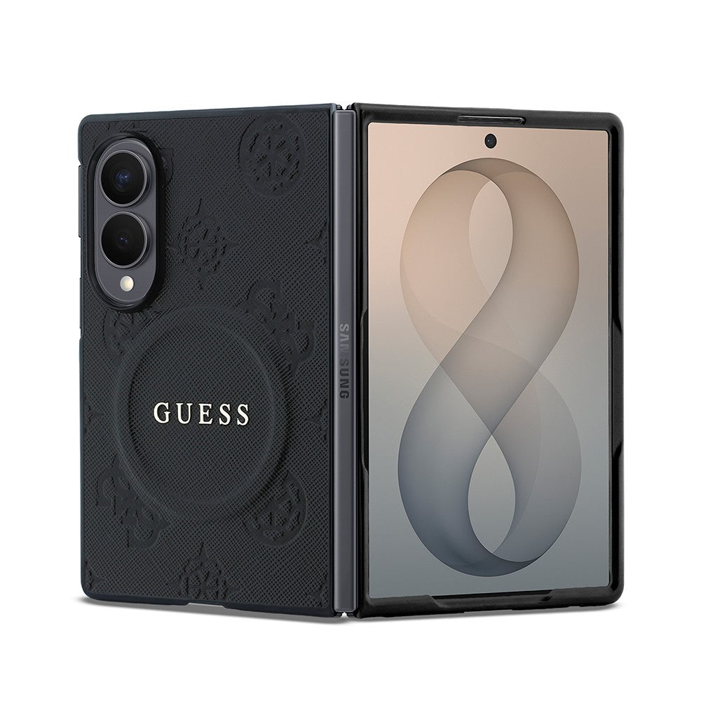 Galaxy Z Fold 8 Kılıf Guess Orjinal Lisanslı M-safe Şarj Özellikli Peony Sıcak Baskılı Klasik Yazı Logolu Saffiano Kapak Siyah